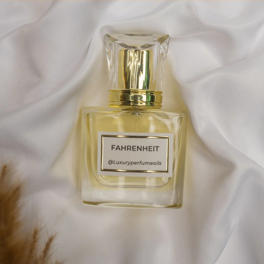 Our Version of Fahrenheit 20ml alcohol-free perfume oil bottle with aromatic fougère fragrance featuring lavender, lemon, cedar, leather, vetiver, and patchouli.