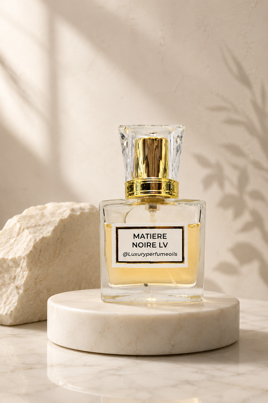 Our Version of Matiere Noire 20ml alcohol-free perfume oil bottle with oriental woody fragrance featuring blackcurrant syrup, rose, jasmine sambac, oud, patchouli, and incense.