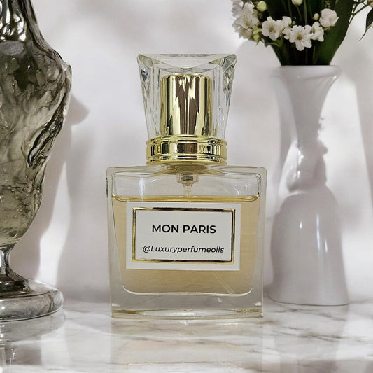 Our Version of Mon Paris 20ml alcohol-free perfume oil bottle with fruity floral fragrance featuring strawberry, raspberry, jasmine, vanilla, white musk, and patchouli.