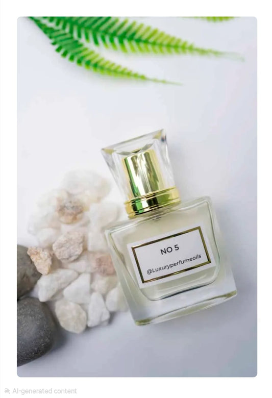 Our Version of No.5 20ml alcohol-free perfume oil bottle with floral aldehyde fragrance featuring aldehydes, ylang-ylang, jasmine, rose, sandalwood, vanilla, and patchouli.