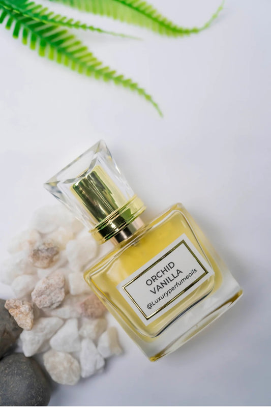 Our Version of Orchid Vanille 20ml alcohol-free perfume oil bottle with floral fragrance featuring mandarin, lychee, Bulgarian rose, vanilla absolute, tonka bean, and cedar.