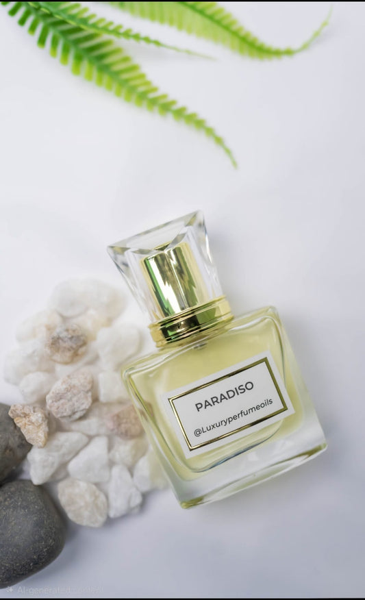 Our Version of Paradiso 20ml alcohol-free perfume oil bottle with floral woody musk fragrance featuring mandarin orange, bergamot, jasmine, cypress, pine tree, and laurels.