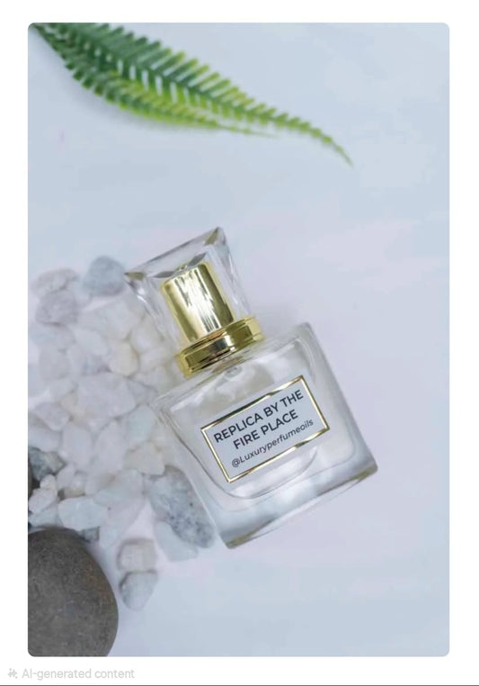 Our Version of Replica By The Fireplace 20ml alcohol-free perfume oil bottle with woody fragrance featuring cloves, chestnut, guaiac wood, vanilla, Peru balsam, and cashmeran.