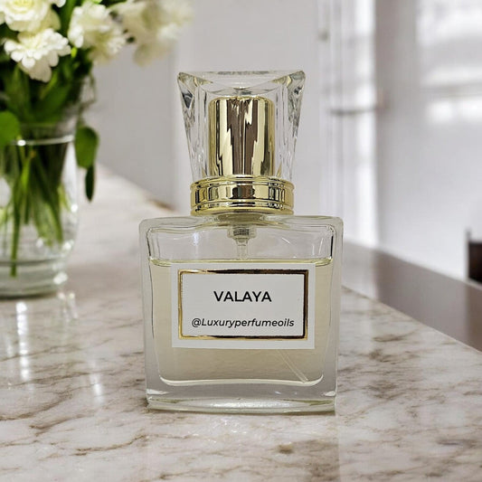 Our Version of Valaya 20ml alcohol-free perfume oil bottle featuring fresh floral fruity notes of white peach, bergamot, orange blossom, musk, and vanilla.