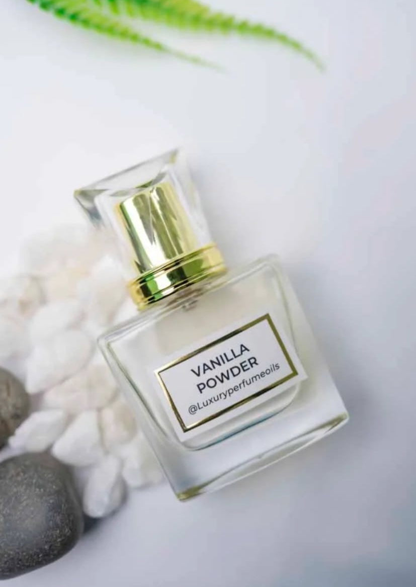 Our Version of Vanilla Powder 20ml alcohol-free perfume oil bottle with oriental vanilla fragrance featuring Madagascar vanilla, coconut powder, white musk, palo santo, and heliotrope.